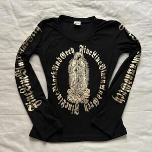 D.i.a. Black and gold foil print long sleeve fitted tee gyaru mcbling Y2K